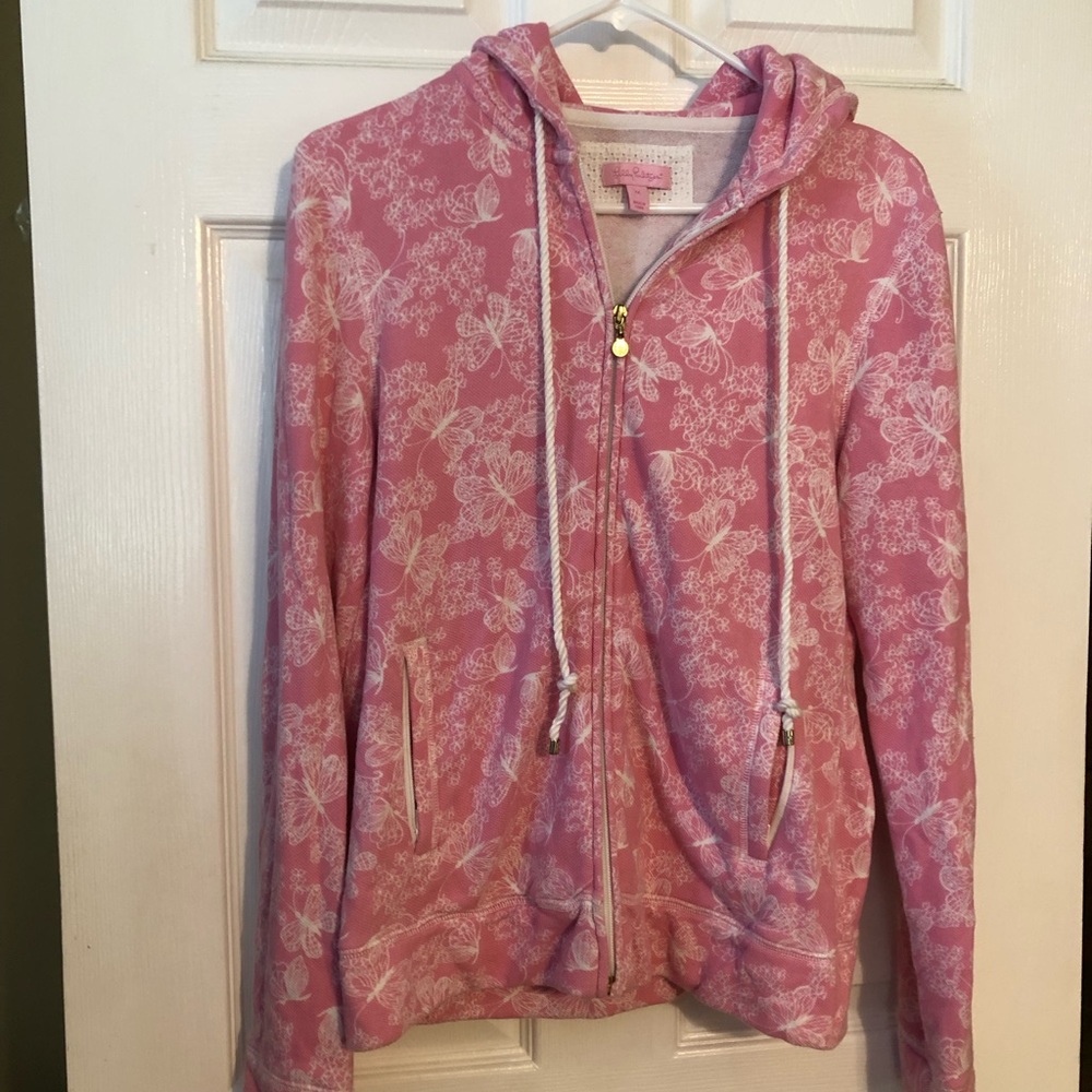 Lilly Pulitzer EUC pink & white terry cloth butterfly hoodie with front zipper